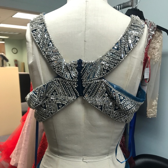 Peacock Blue off the shoulder beaded gown 18021 - Picture 6 of 6